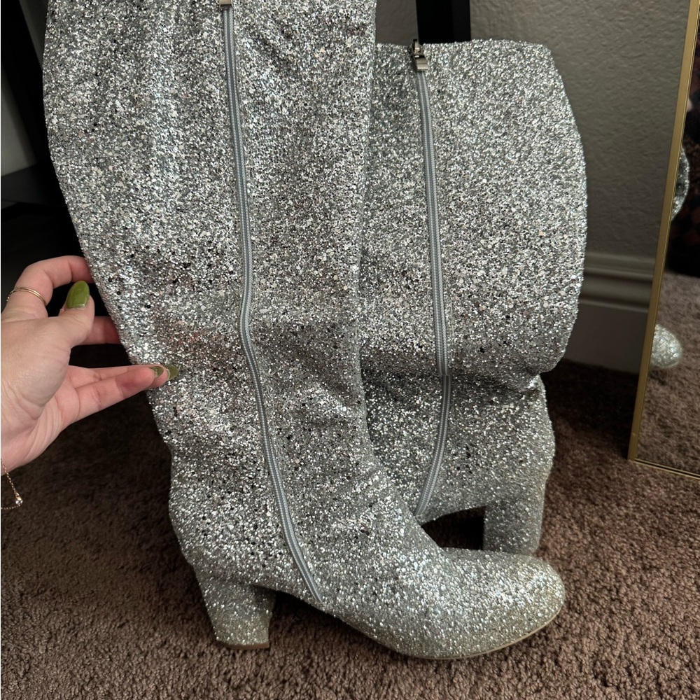 Silver Glitter Knee-High Zip Boots